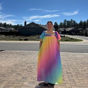 Dressed in LaLa Palm Springs Smocked Dress in Rainbow Daydream